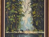 an oil painting of a river with people walking along it