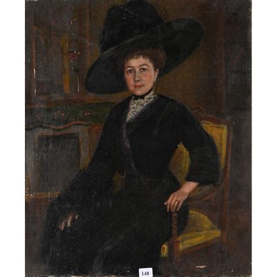 un tableau représentant une femme vêtue d'une robe et d'un chapeau noirs, assise sur une chaise