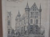 une photo d'un dessin représentant un château, exposé dans une vitrine
