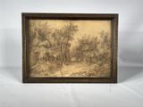 une vieille photo représentant un paysage boisé avec des arbres et un sentier