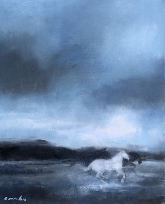 une peinture à l'huile représentant un cheval blanc galopant dans un plan d'eau