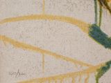 a close up of a painting of a bird on a cloth