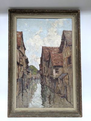 an oil painting of a street scene with buildings on either side of a river