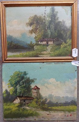 deux tableaux représentant une maison et une petite maison dans un champ