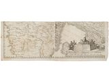 an old map of the world with people sitting on a boat