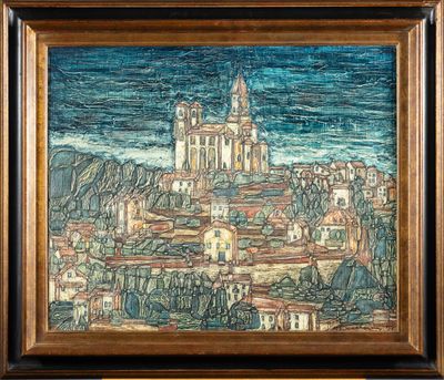 an image of a painting of a city with a church in the background