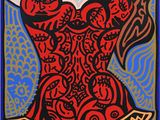 un tableau représentant une femme vêtue d'un corset rouge sur fond bleu