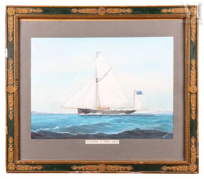 tableau représentant un voilier en pleine mer, arborant un drapeau