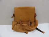 tan leather backpack with brown leather straps on white surface
