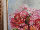 an oil painting of a vase of flowers on a table