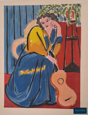 painting of a woman sitting on a chair with a guitar in front of her