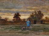 painting of a man and a dog in a field with a barn in the background
