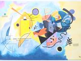 abstract painting of a cat and a bird on a blue and yellow background