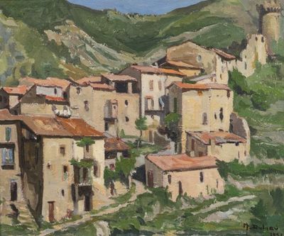 an oil painting of a village in the mountains with a castle in the background