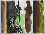 un dessin représentant une femme assise sur un banc devant une fenêtre