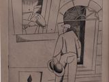 drawing of a man with a hat looking out of a window