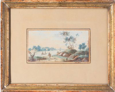 une image d'un tableau représentant un paysage dans un cadre doré