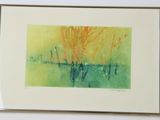 aquarelle encadrée représentant des arbres orange et verts dans un champ