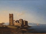 un tableau représentant un château au bord de l'eau, avec un voilier en arrière-plan