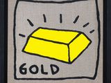 une peinture représentant un morceau de papier jaune sur lequel est inscrit le mot « gold »