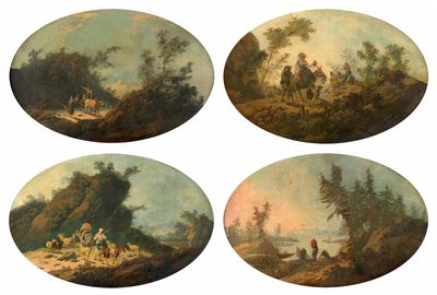 quatre tableaux ovales représentant des personnages et des animaux dans un paysage boisé