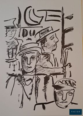 a black and white drawing of a group of people