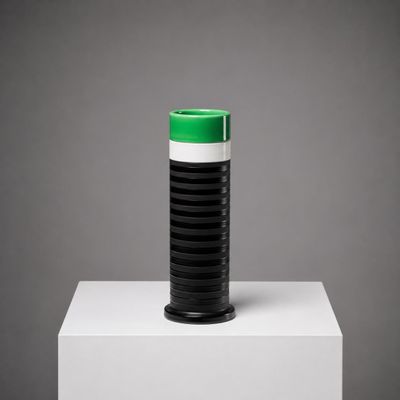 un vase noir et blanc, surmonté d'un couvercle vert, posé sur un socle blanc