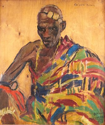 une peinture à l'huile représentant un homme assis, vêtu d'une chemise colorée