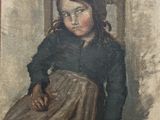 painting of a little girl sitting in a chair with a hat on