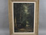 an image of a painting of a man sitting on a bench in a wooded area