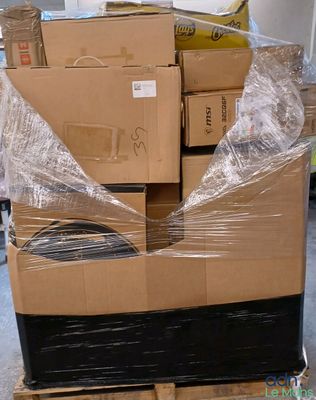 a large pile of boxes sitting on top of a pallet