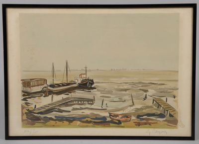 aquarelle encadrée représentant des bateaux amarrés à un quai sur une plage