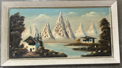 une peinture représentant un paysage de montagne avec une maison au premier plan