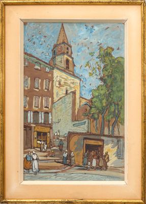 an image of a painting of a street scene with a church in the background