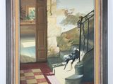 framed painting of a dog in a doorway with a red and white checkered floor