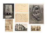 une vieille photo représentant une collection de cartes postales anciennes avec des images de personnes et d'animaux