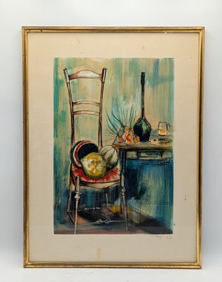 painting of a chair and a table with a vase on it