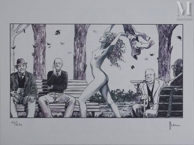 dessin représentant une femme nue assise sur un banc de parc, entourée de gens