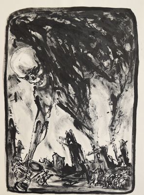 une image représentant un dessin en noir et blanc d'un squelette dans un cimetière