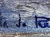 a close up of a painting of a person on the beach