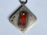 silver pendant with a red stone in the middle of it on a black chain
