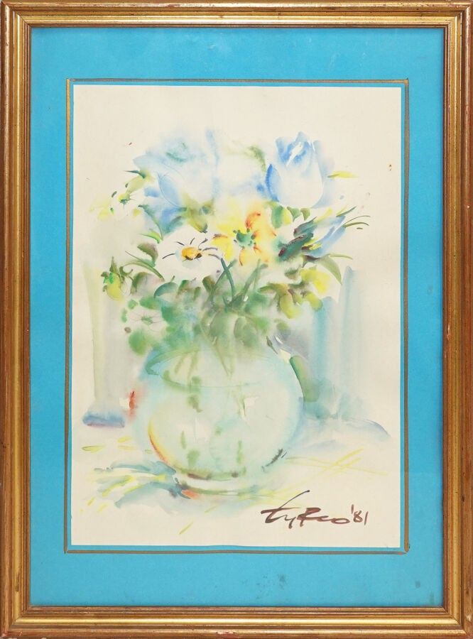 TURCO (XXe s.) Bouquet de fleurs dans un vase, 1981 Aquarelle sur papier, signée et datée en bas à droite 49 x 34,5 cm