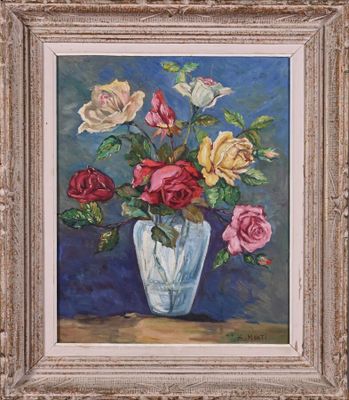 une peinture de roses dans un vase sur une table