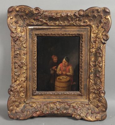 un vieux tableau représentant un homme et une femme, dans un cadre doré