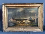 un vieux tableau représentant un homme à cheval avec un troupeau de moutons