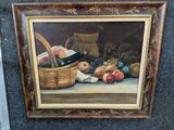 une peinture représentant une corbeille de fruits sur une table