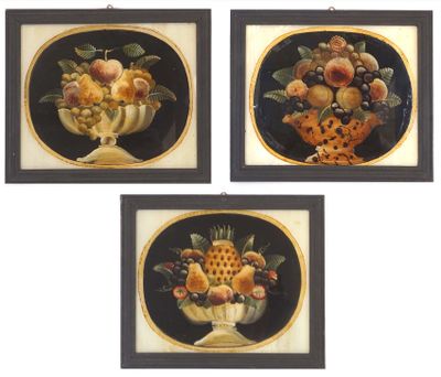three framed paintings of fruit and flowers in a vase