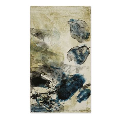 une peinture abstraite représentant des feuilles bleues et blanches sur un fond beige