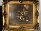 a painting of a man with a dog on a table next to a easel