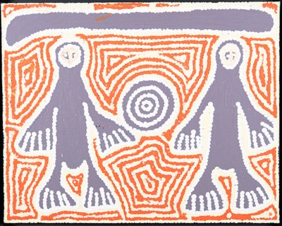 un tableau aux tons orange et violet représentant deux personnes marchant en cercle
